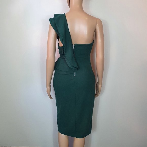 NWOT HELLO MOLLY Cocktail midi pencil dress S 10 shoulder teal  ruffle split - Picture 8 of 11